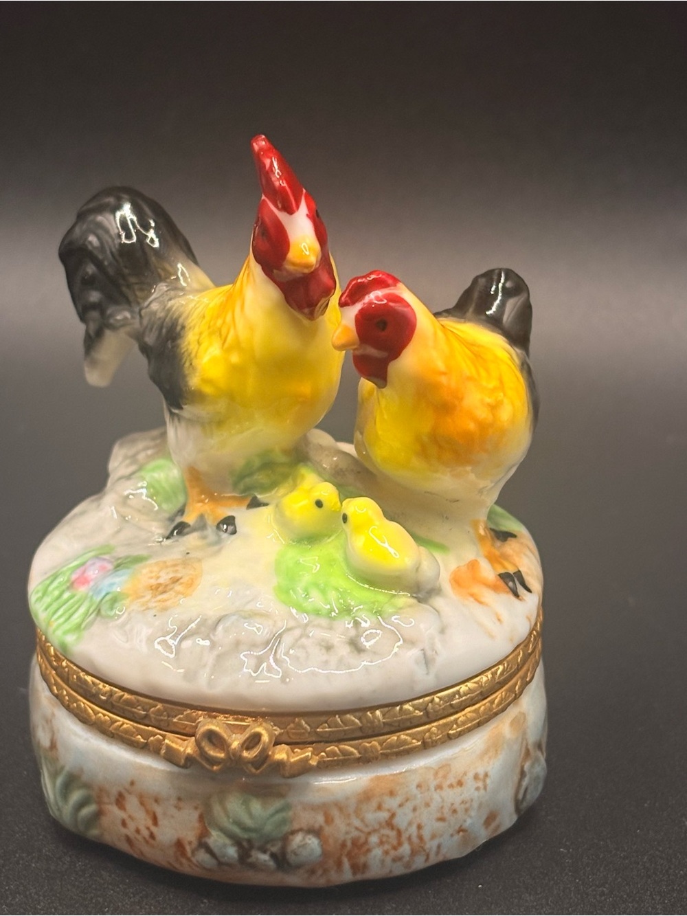 Lefton Rooster Hen Chick Trinket Box 1998 Porcelain Farm Chicken Hinged Box